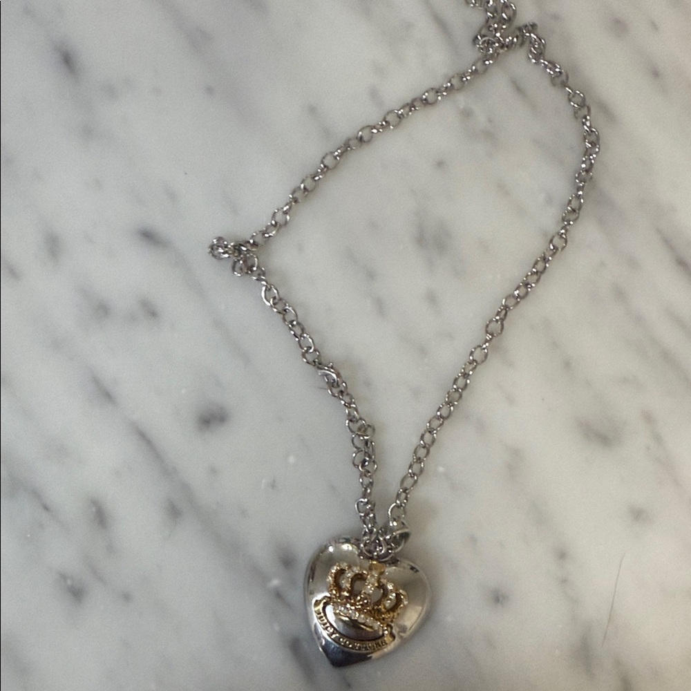 Vintage juicy couture Elegant Silver Heart Necklace with Gold Crown rhinestones
